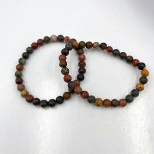 Vintage 2 Pc Natural Red Jasper Bead Bracelet Set Multi-Color Gemstone Stretch